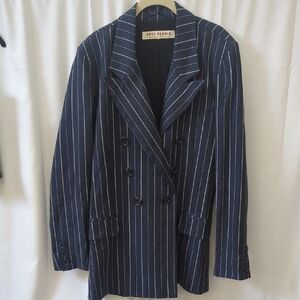Free People Navy Denim and White Pinstripe Oversized Blazer Size Large